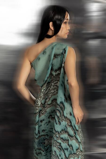 Abhishek Sharma Green Polyester One Shoulder Reef Pattern Dress Online at Aza Fashions Abhishek Sharma_Green Polyester One Shoulder Reef Pattern Dress _Online_at_Aza_Fashions