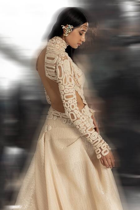 Abhishek Sharma Ivory Net Cut Work Turtle Neck Geometric Beads Embellished Gown Online at Aza Fashions Abhishek Sharma_Ivory Net Cut Work Turtle Neck Geometric Beads Embellished Gown _Online_at_Aza_Fashions