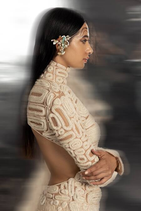 Shop Abhishek Sharma Ivory Net Cut Work Turtle Neck Geometric Beads Embellished Gown Online at Aza Fashions Shop_Abhishek Sharma_Ivory Net Cut Work Turtle Neck Geometric Beads Embellished Gown _Online_at_Aza_Fashions