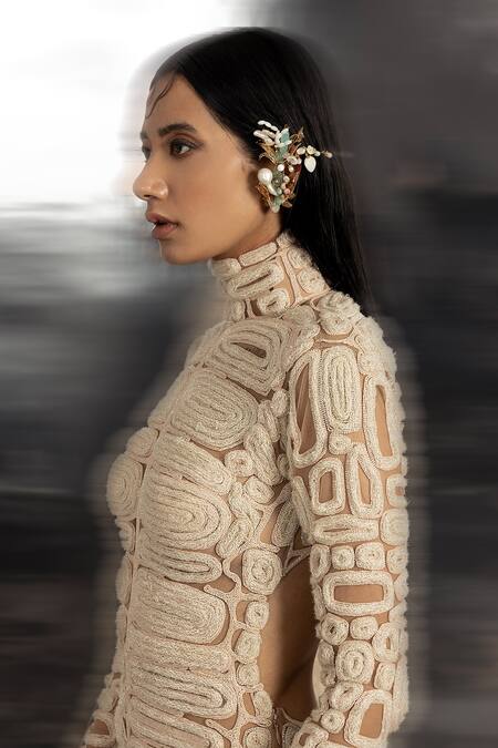 Abhishek Sharma Ivory Net Cut Work Turtle Neck Geometric Beads Embellished Gown at Aza Fashions Abhishek Sharma_Ivory Net Cut Work Turtle Neck Geometric Beads Embellished Gown _at_Aza_Fashions
