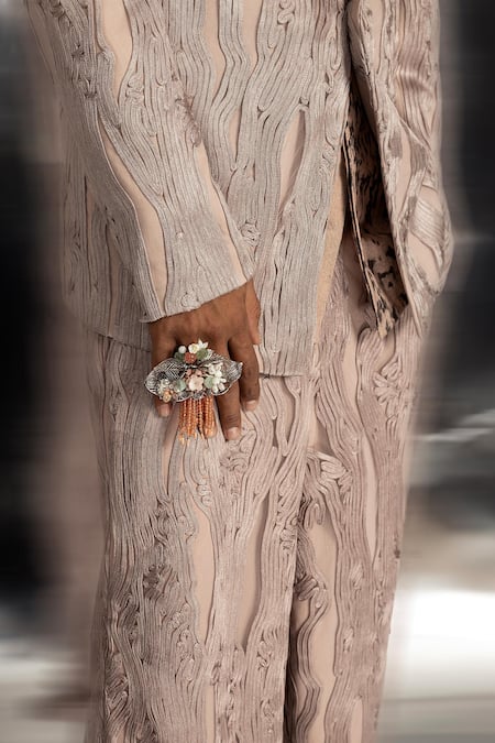 Shop Abhishek Sharma Grey Net, Satin, Voile Embroidery Abstract Yarn Couched Jacket Trouser Set Online at Aza Fashions Shop_Abhishek Sharma_Grey Net, Satin, Voile Embroidery Abstract Yarn Couched Jacket Trouser Set _Online_at_Aza_Fashions