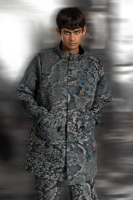 Abhishek Sharma Green Polyester Reef Print Jacket With Trouser Online at Aza Fashions Abhishek Sharma_Green Polyester Reef Print Jacket With Trouser _Online_at_Aza_Fashions