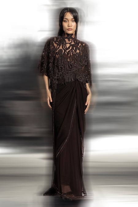 Abhishek Sharma_Brown Chiffon, Net, Cotton Beads, Tassels Round Pre-pleated Saree Set With Cape _Online_at_Aza_Fashions