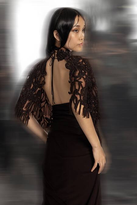 Buy_Abhishek Sharma_Brown Chiffon, Net, Cotton Beads, Tassels Round Pre-pleated Saree Set With Cape _Online_at_Aza_Fashions