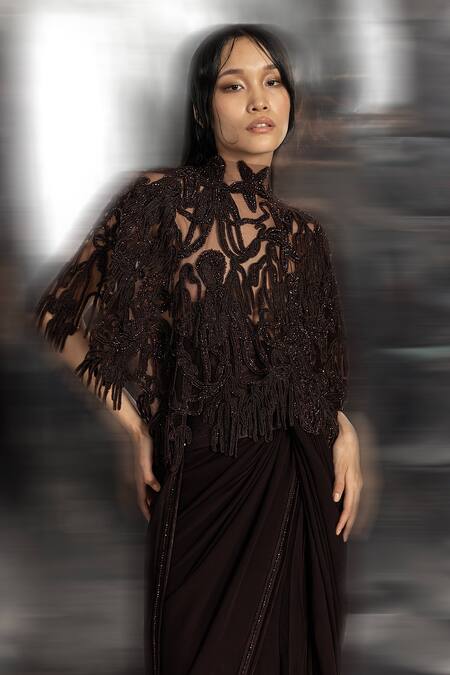 Shop_Abhishek Sharma_Brown Chiffon, Net, Cotton Beads, Tassels Round Pre-pleated Saree Set With Cape _Online_at_Aza_Fashions