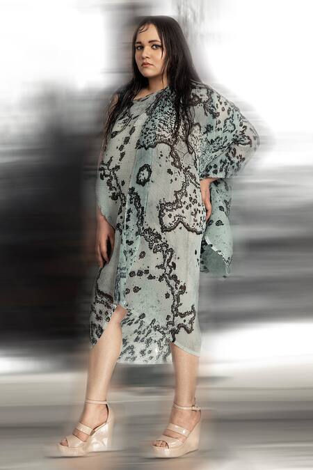 Abhishek Sharma Green Polyester Asymmetric Overlap Reef Print Draped Dress Online at Aza Fashions Abhishek Sharma_Green Polyester Asymmetric Overlap Reef Print Draped Dress _Online_at_Aza_Fashions