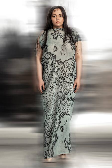 Abhishek Sharma Green Polyester Lace High Neck Reef Print Textured Gown Online at Aza Fashions Abhishek Sharma_Green Polyester Lace High Neck Reef Print Textured Gown _Online_at_Aza_Fashions