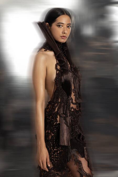 Abhishek Sharma Brown Net, Organza Beads High Neck Collar Embellished Gown at Aza Fashions Abhishek Sharma_Brown Net, Organza Beads High Neck Collar Embellished Gown _at_Aza_Fashions