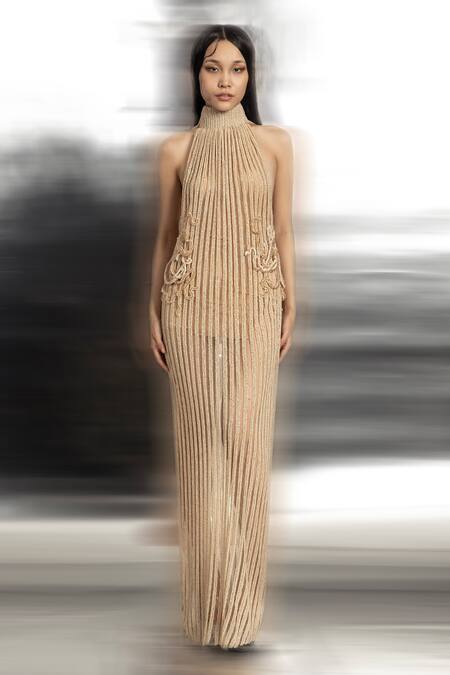 Abhishek Sharma Ivory Net, Cotton Beads, Crystals High Neck Vertical Embellished Gown Online at Aza Fashions Abhishek Sharma_Ivory Net, Cotton Beads, Crystals High Neck Vertical Embellished Gown _Online_at_Aza_Fashions