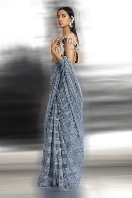 Abhishek Sharma Blue Chiffon, Net, Cotton Beads, Embroidery Boat Resham And Saree With Blouse Online at Aza Fashions Abhishek Sharma_Blue Chiffon, Net, Cotton Beads, Embroidery Boat Resham And Saree With Blouse _Online_at_Aza_Fashions