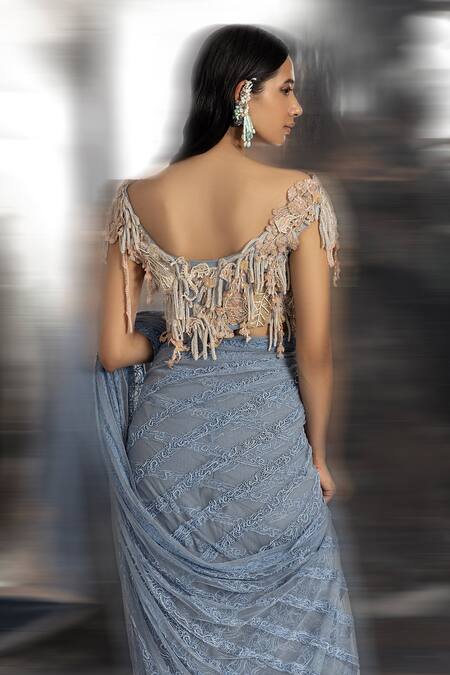 Buy Abhishek Sharma Blue Chiffon, Net, Cotton Beads, Embroidery Boat Resham And Saree With Blouse Online at Aza Fashions Buy_Abhishek Sharma_Blue Chiffon, Net, Cotton Beads, Embroidery Boat Resham And Saree With Blouse _Online_at_Aza_Fashions