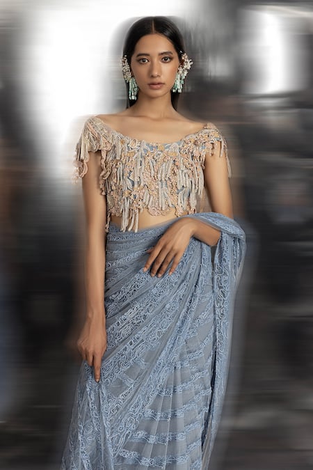 Shop Abhishek Sharma Blue Chiffon, Net, Cotton Beads, Embroidery Boat Resham And Saree With Blouse Online at Aza Fashions Shop_Abhishek Sharma_Blue Chiffon, Net, Cotton Beads, Embroidery Boat Resham And Saree With Blouse _Online_at_Aza_Fashions