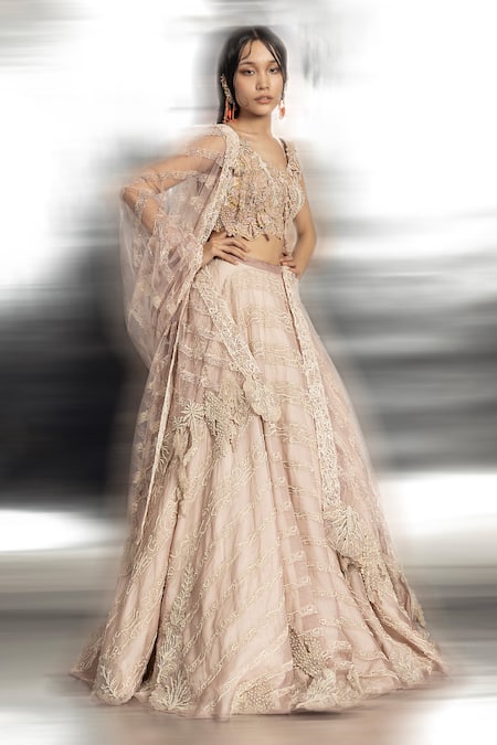 Abhishek Sharma Pink Silk Organza, Net Pearls, Sequins Round Neck Embellished Bridal Lehenga Set Online at Aza Fashions Abhishek Sharma_Pink Silk Organza, Net Pearls, Sequins Round Neck Embellished Bridal Lehenga Set _Online_at_Aza_Fashions