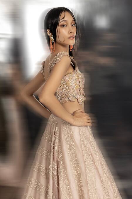 Shop Abhishek Sharma Pink Silk Organza, Net Pearls, Sequins Round Neck Embellished Bridal Lehenga Set Online at Aza Fashions Shop_Abhishek Sharma_Pink Silk Organza, Net Pearls, Sequins Round Neck Embellished Bridal Lehenga Set _Online_at_Aza_Fashions