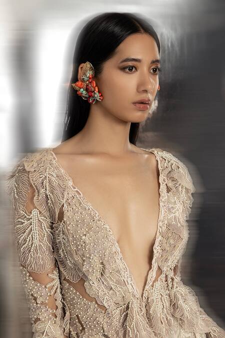 Shop Abhishek Sharma Ivory Organza, Chiffon, Embellished Panelled Jacket And High Waisted Pant Set Online at Aza Fashions Shop_Abhishek Sharma_Ivory Organza, Chiffon, Embellished Panelled Jacket And High Waisted Pant Set _Online_at_Aza_Fashions