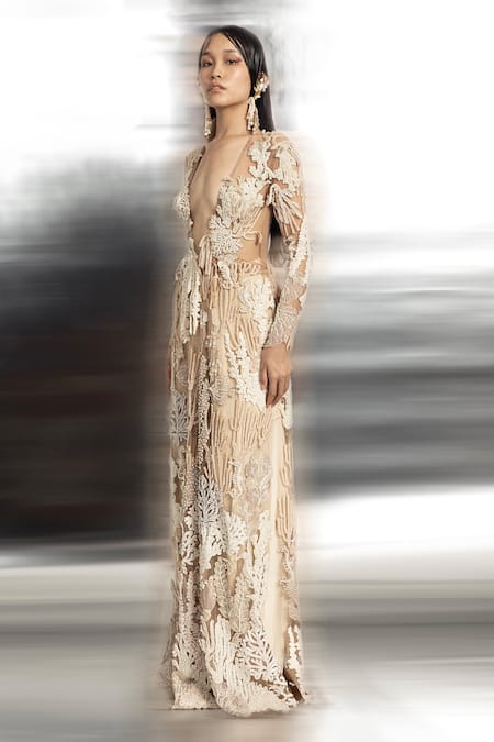 Abhishek Sharma_Ivory Net, Crepe, Chiffon, 3d Coral Reef Embellished Jacket And Flared Pant Set _Online_at_Aza_Fashions