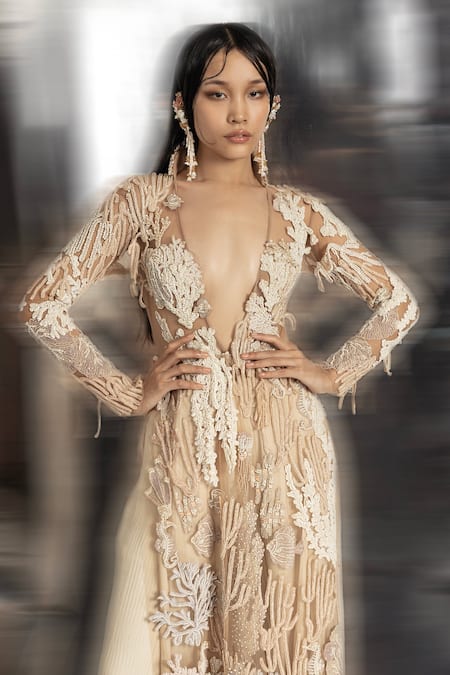Buy_Abhishek Sharma_Ivory Net, Crepe, Chiffon, 3d Coral Reef Embellished Jacket And Flared Pant Set _Online_at_Aza_Fashions
