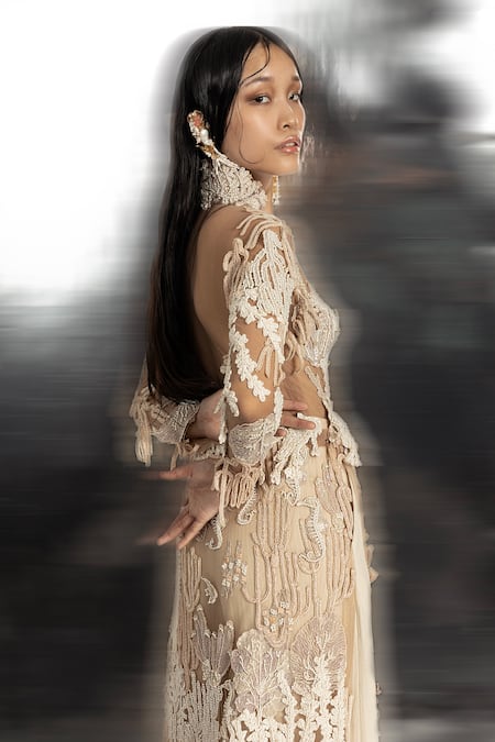 Shop_Abhishek Sharma_Ivory Net, Crepe, Chiffon, 3d Coral Reef Embellished Jacket And Flared Pant Set _Online_at_Aza_Fashions