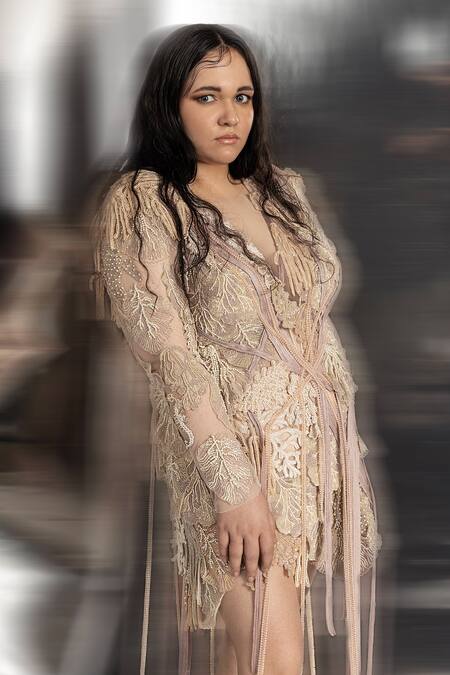 Shop Abhishek Sharma Pink Net Pearls, Sequins, Beads Plunge Neck 3d Embellished Dress Online at Aza Fashions Shop_Abhishek Sharma_Pink Net Pearls, Sequins, Beads Plunge Neck 3d Embellished Dress _Online_at_Aza_Fashions