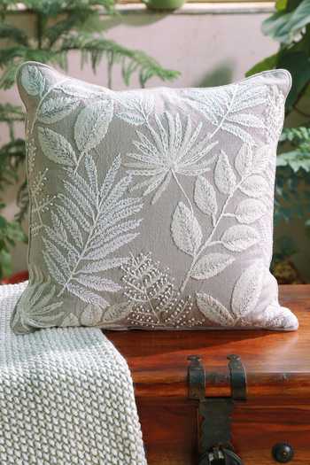 Amoliconcepts_Grey Cotton Embroidered Leaf Cushion Cover_Online_at_Aza_Fashions