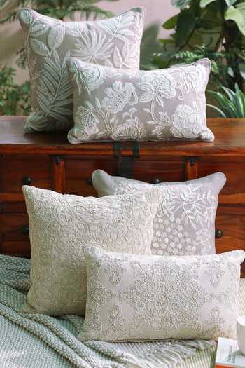 Buy_Amoliconcepts_Grey Cotton Embroidered Leaf Cushion Cover_Online_at_Aza_Fashions