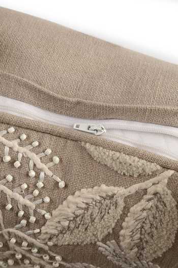 Buy_Amoliconcepts_Grey Cotton Embroidered Leaf Cushion Cover