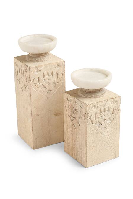 Amoliconcepts_White Mango Wood Hand Carved Candle Holders - Set Of 2_Online_at_Aza_Fashions