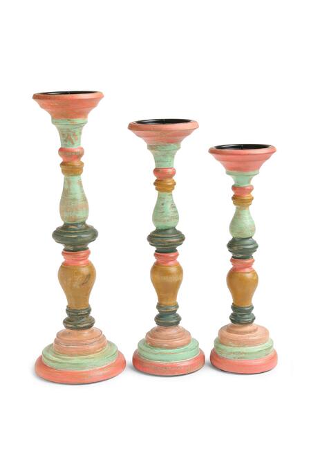 Amoliconcepts_Multi Color Mango Wood Candle Holder - Set Of 3_Online_at_Aza_Fashions