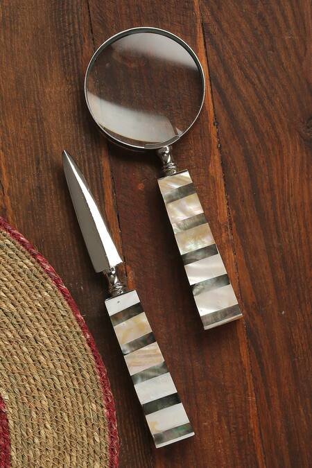 Amoliconcepts_Silver 60% Brass 10% Mother Of Pearl 20% Magnifying With Paper Knife - Set 2_Online_at_Aza_Fashions