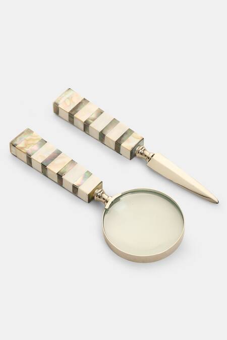 Shop_Amoliconcepts_Silver 60% Brass 10% Mother Of Pearl 20% Magnifying With Paper Knife - Set 2_Online_at_Aza_Fashions
