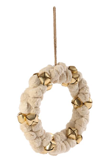 Amoliconcepts_Off White Chenille Yarn Pompoms And Iron Bells Wreath With_Online_at_Aza_Fashions
