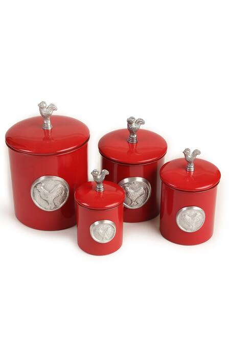 Amoliconcepts_Red Stainless Steel Rooster Design Canister - Of 4_Online_at_Aza_Fashions