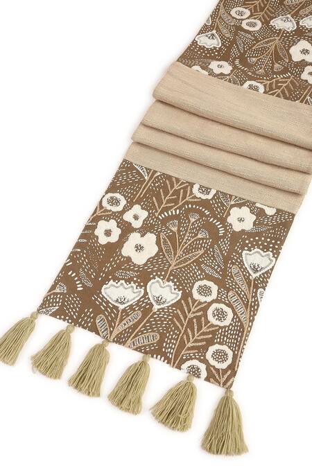 Amoliconcepts_Brown Slub Front And Back Hand Painted, Embroidered Table Runner_Online_at_Aza_Fashions