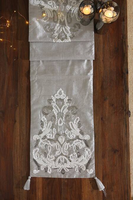 Amoliconcepts_Grey Polyester Embroidery Hand Table Runner_Online_at_Aza_Fashions