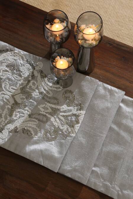 Buy_Amoliconcepts_Grey Polyester Embroidery Hand Table Runner_Online_at_Aza_Fashions