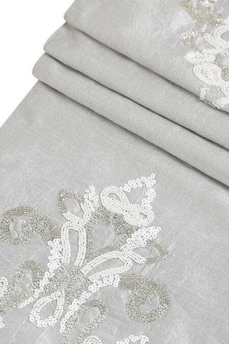 Shop_Amoliconcepts_Grey Polyester Embroidery Hand Table Runner_Online_at_Aza_Fashions