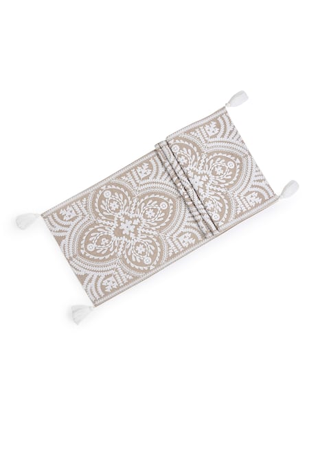 Buy_Amoliconcepts_Beige 100% Cotton Embroidery Mehrab Floral Table Runner_Online_at_Aza_Fashions