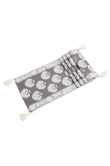 Amoliconcepts_Grey 100% Cotton Embroidery Tropical Table Runner_Online_at_Aza_Fashions