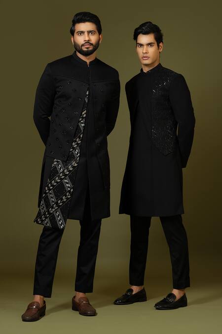 PAARSH_Black Terrycloth Embroidery Cut Dana Achkan Trouser Set _Online_at_Aza_Fashions