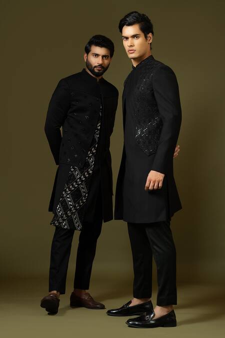 Buy_PAARSH_Black Terrycloth Embroidery Cut Dana Achkan Trouser Set _Online_at_Aza_Fashions