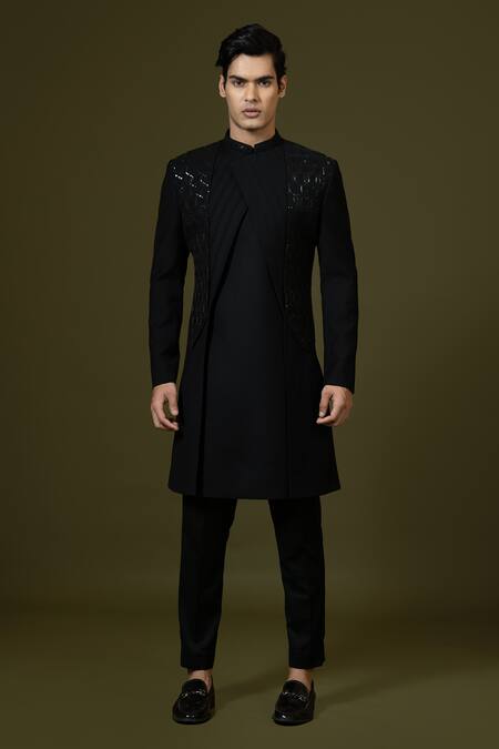 Shop_PAARSH_Black Terrycloth, Cotton Zari Zardozi Embroidered Achkan Trouser Set _Online_at_Aza_Fashions