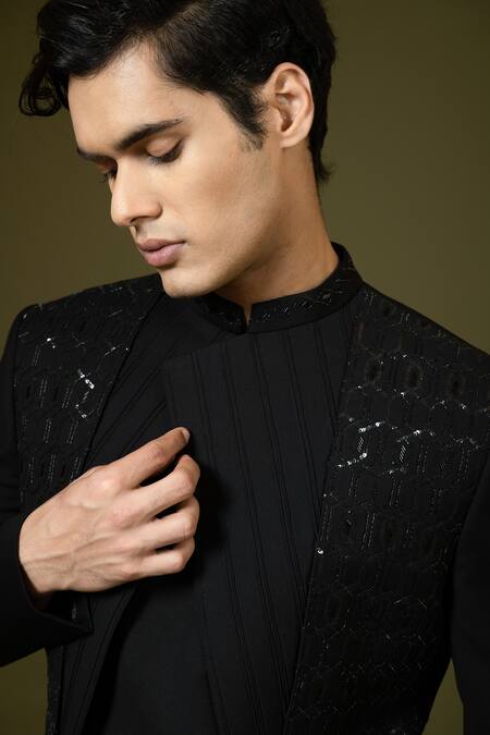 PAARSH_Black Terrycloth, Cotton Zari Zardozi Embroidered Achkan Trouser Set _at_Aza_Fashions