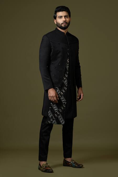 Shop_PAARSH_Black Terrycloth Embroidery Cut Dana Achkan Trouser Set _Online_at_Aza_Fashions