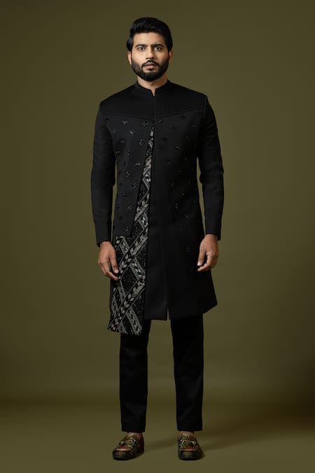 PAARSH_Black Terrycloth Embroidery Cut Dana Achkan Trouser Set _at_Aza_Fashions