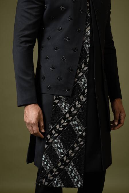 Buy_PAARSH_Black Terrycloth Embroidery Cut Dana Achkan Trouser Set 