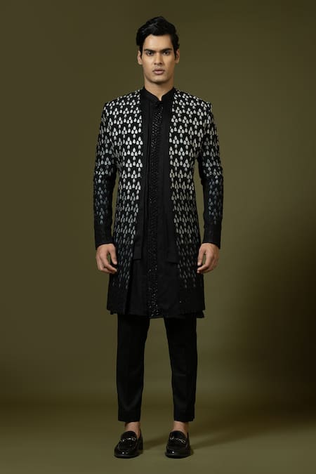 PAARSH_Black Bamboo, Terrycloth Embroidery Leaf Achkan Trouser Set _Online_at_Aza_Fashions