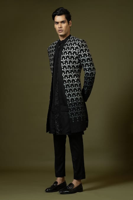 Buy_PAARSH_Black Bamboo, Terrycloth Embroidery Leaf Achkan Trouser Set _Online_at_Aza_Fashions