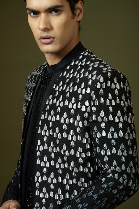 Shop_PAARSH_Black Bamboo, Terrycloth Embroidery Leaf Achkan Trouser Set _Online_at_Aza_Fashions