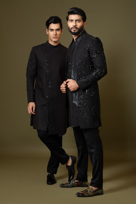 Buy PAARSH Black Bamboo, Cotton Beads, Sequins, Cut Abstract Embroidered Achkan Kurta Set Online at Aza Fashions Buy_PAARSH_Black Bamboo, Cotton Beads, Sequins, Cut Abstract Embroidered Achkan Kurta Set _Online_at_Aza_Fashions