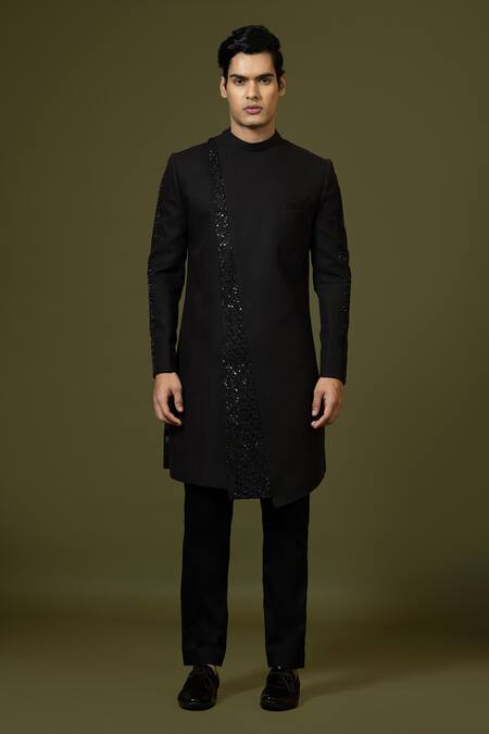 Shop PAARSH Brown Terrycloth Diamonds, Embroidery Placement Achkan Trouser Set Online at Aza Fashions Shop_PAARSH_Brown Terrycloth Diamonds, Embroidery Placement Achkan Trouser Set _Online_at_Aza_Fashions